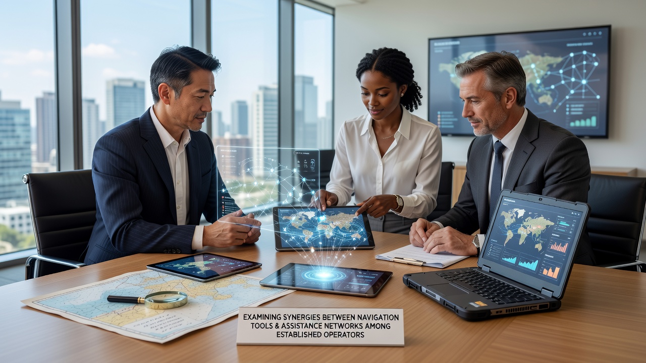 Operator assistance team collaborating with navigation software displays during a multi-route coordination session