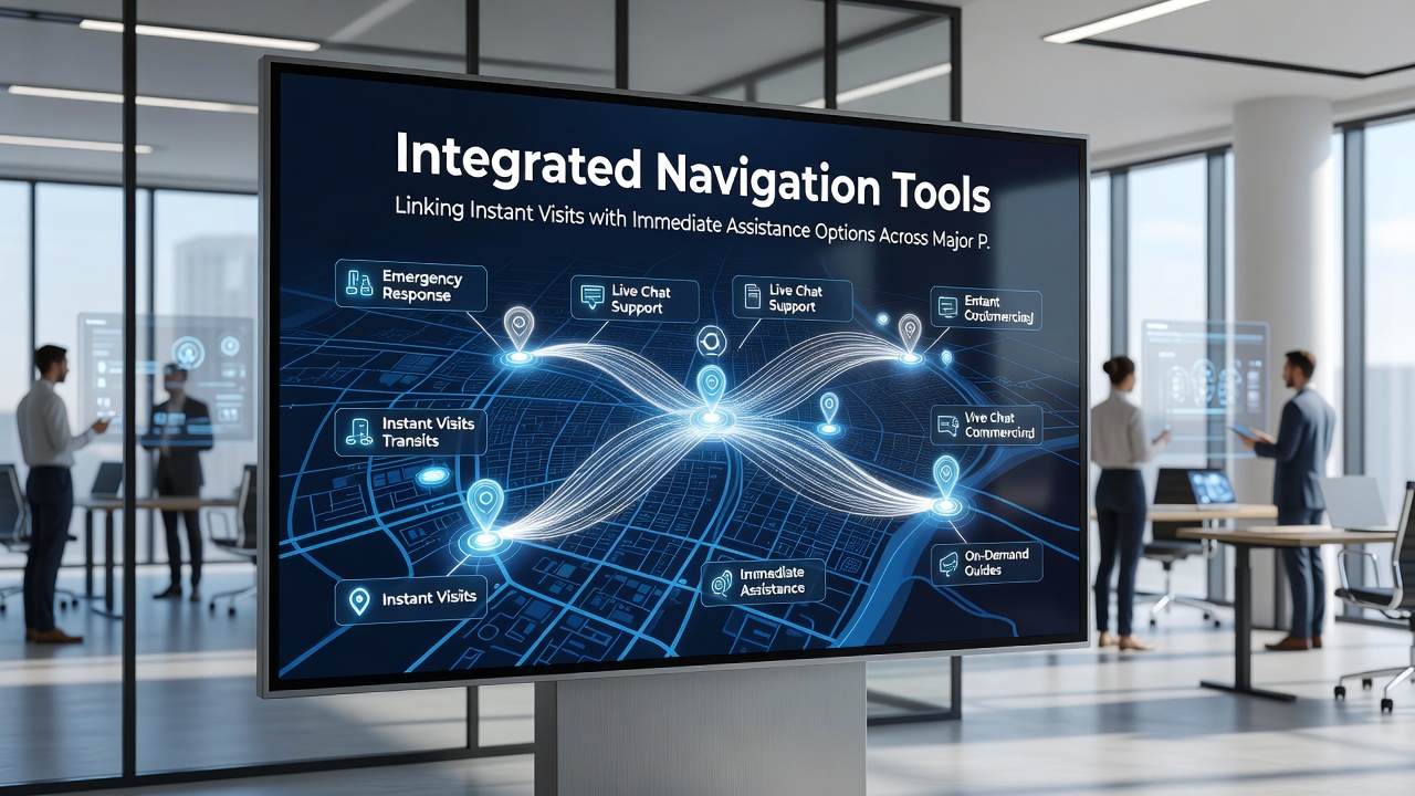 Screenshot of a digital platform interface displaying navigation tools with instant visit and assistance integration