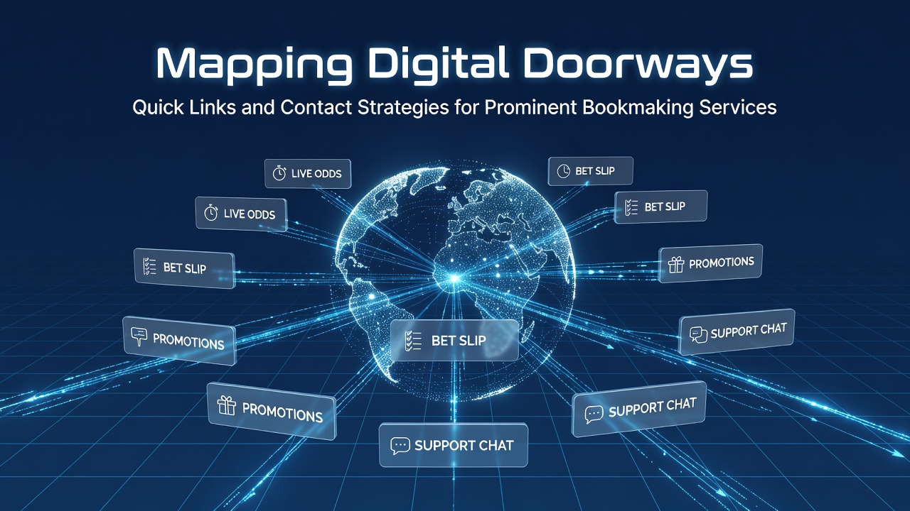 Digital interface showing multiple bookmaker access points and contact icons arranged on a map-like layout