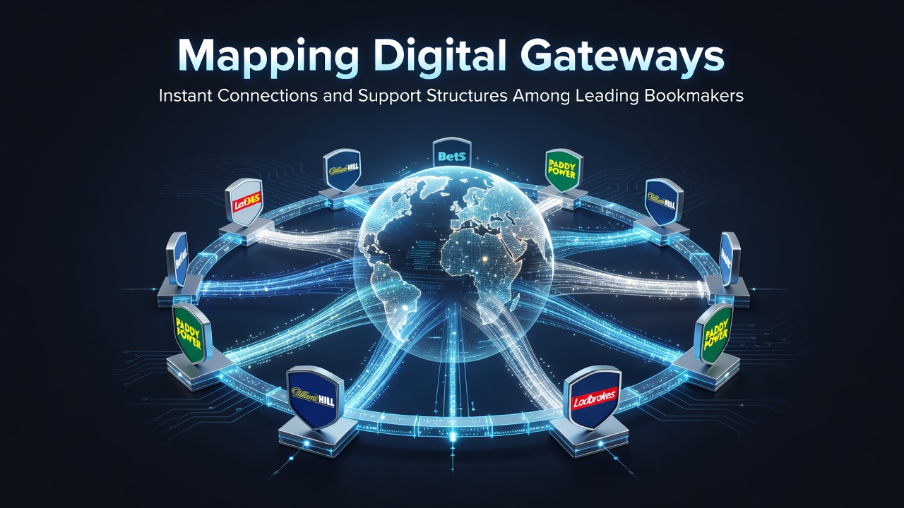 Digital interface showing interconnected bookmaker platforms with instant support icons