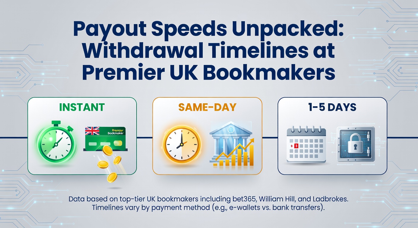 Graphic showing clock icons and payment methods for quick bookmaker withdrawals, highlighting speed comparisons among UK sites