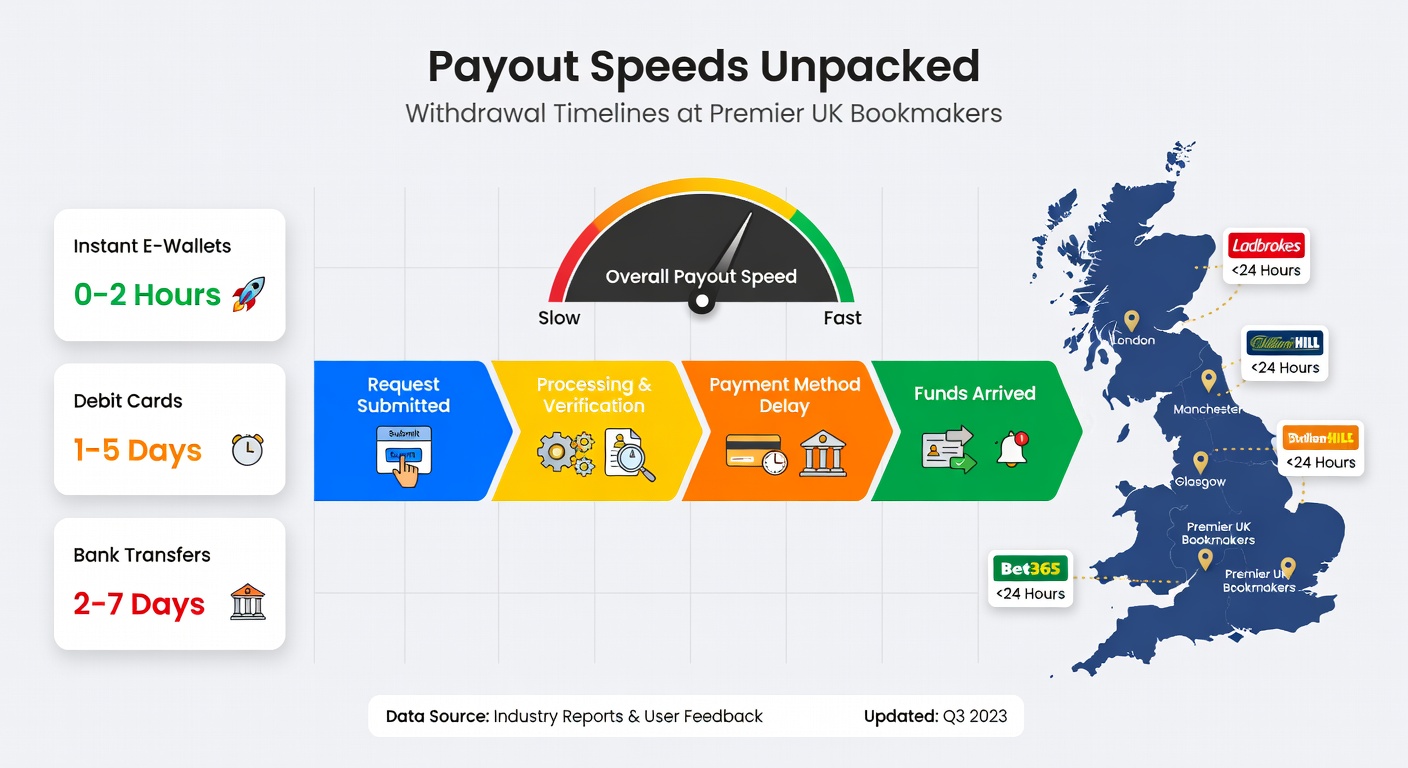 Infographic comparing withdrawal clocks for e-wallets, cards, and bank transfers at leading UK bookmakers, with speed bars and icons