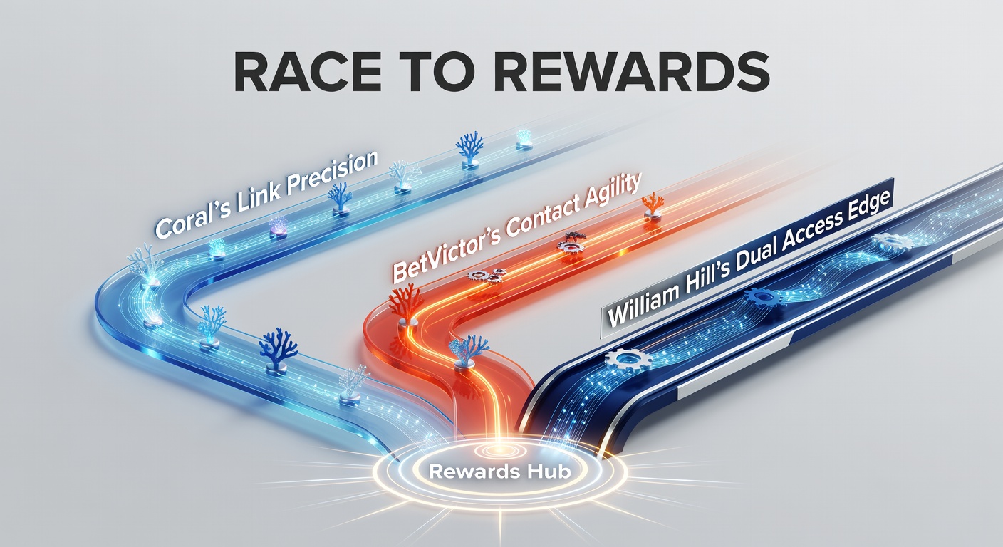 Racing icons representing Coral's precise links, BetVictor's agile contacts, and William Hill's dual access paths speeding toward reward finish lines