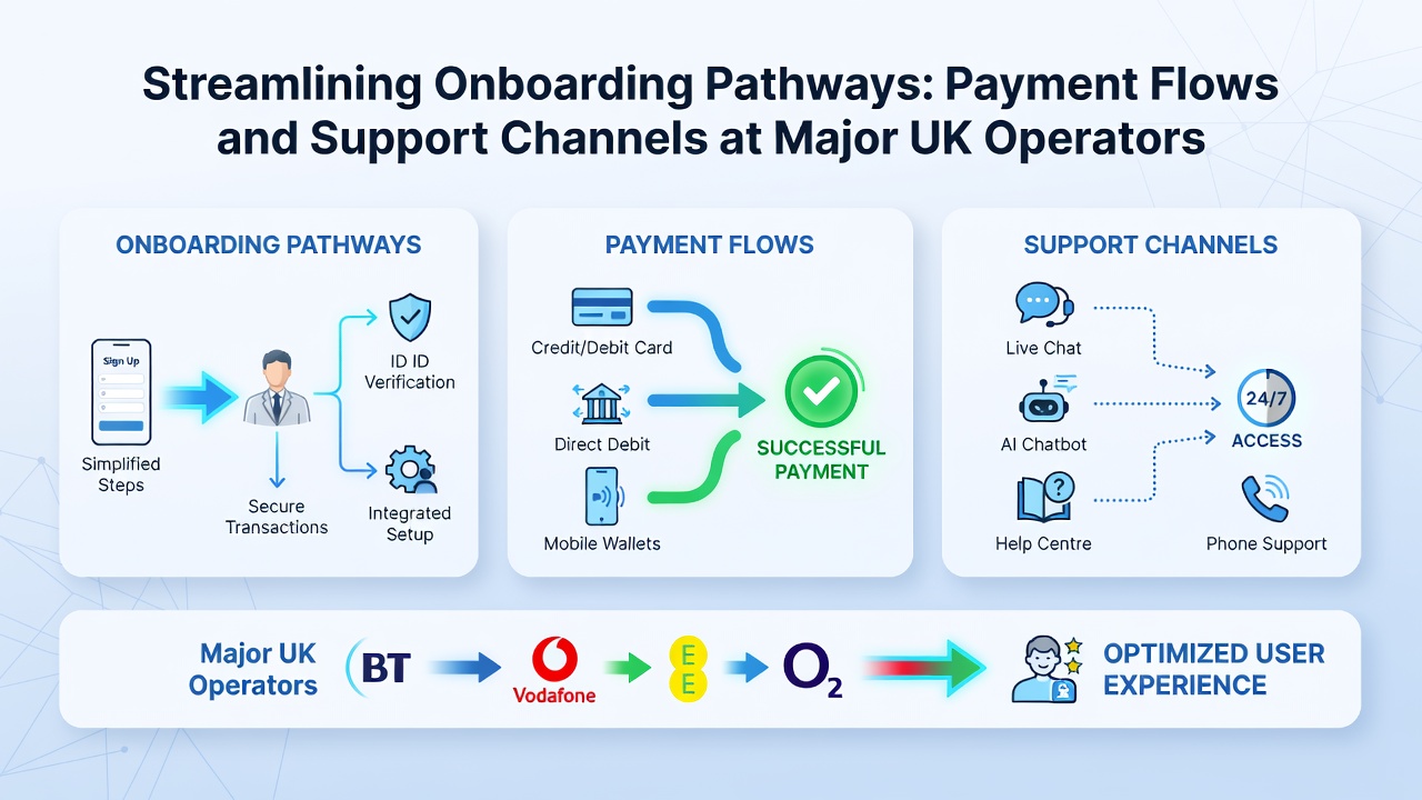 Illustration showing streamlined digital onboarding pathways with payment icons and support channels for UK betting operators