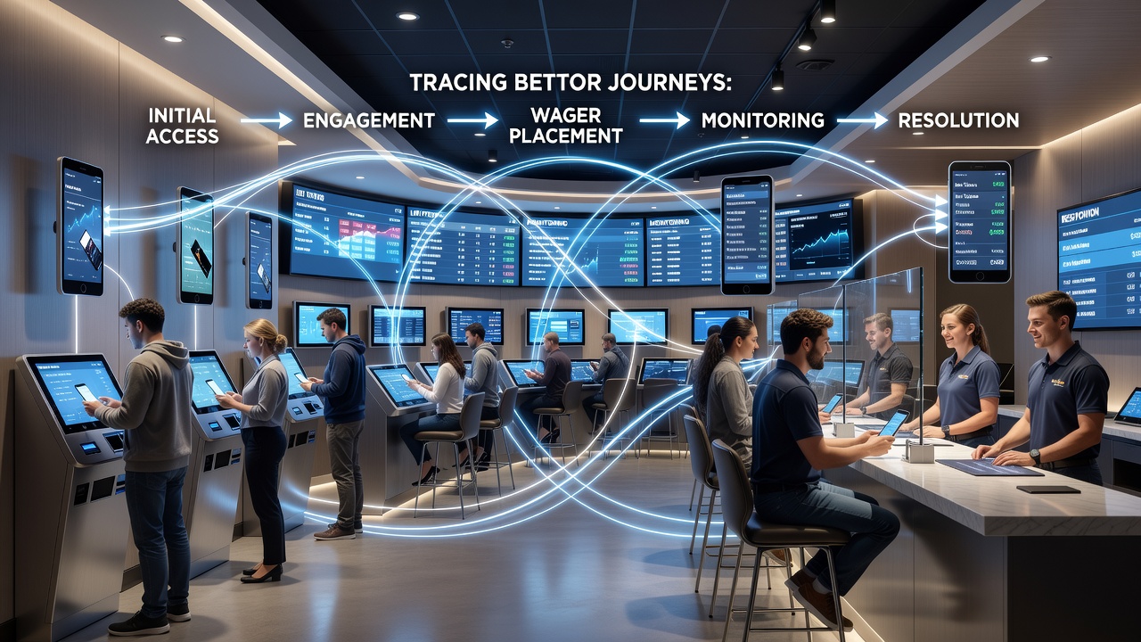 Flowchart illustrating bettor progression from funding accounts to placing wagers and reaching settlement in sportsbook systems