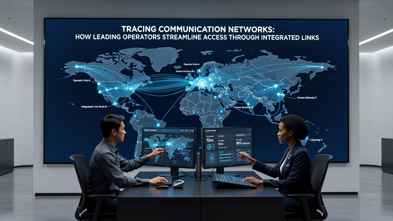 Modern telecom response team collaborating around a digital map displaying integrated network links
